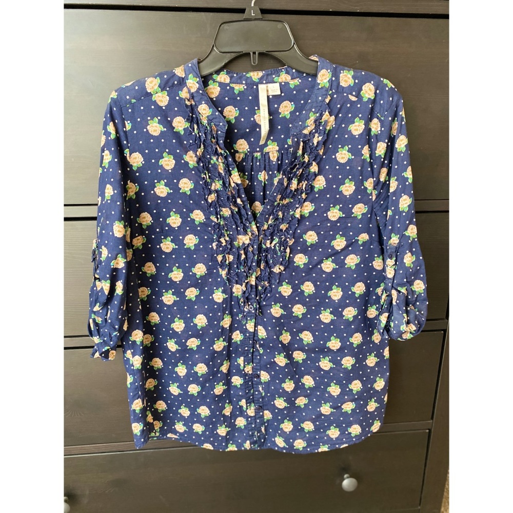 LC Lauren Conrad Navy Floral Patterned Top